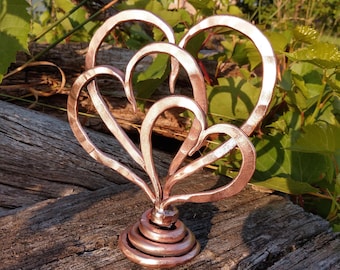 Engraved Copper Hearts Sculpture, 7th Anniversary Gift
