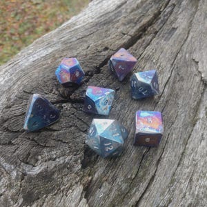 DnD dice, hand forged titanium dice, set of 7 titanium dices, d4, d6, d8, d10, d12, d20, d00, titanium dices, board games, tabletop gaming