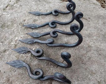 Hand Forged Iron Wall Hooks, Leaf Design, Set of 6 hooks
