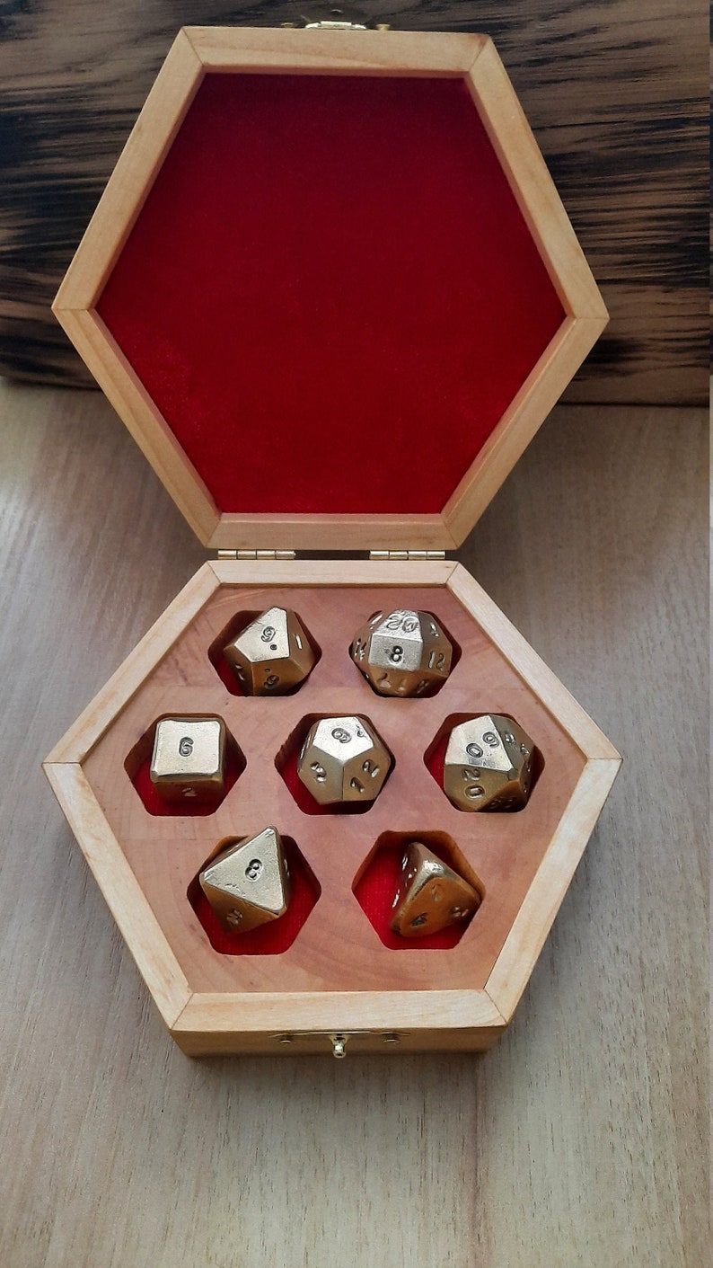Bronze Dnd Dice With Box Set of 7 Dices With Wooden Box D4 Etsy