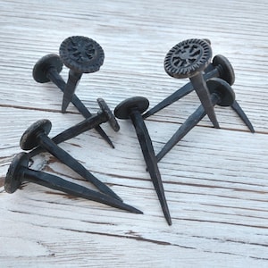 Hand Forged Nails, set of 10 iron nails, decorative nails, picture hangers,hand forged blacksmith wrought iron black wax door wood stud nail
