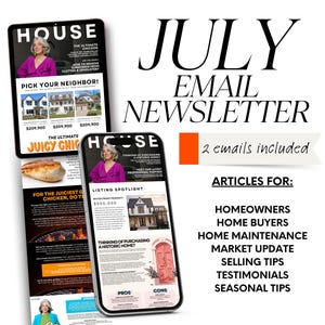 July Real Estate Newsletter Template: Realtor Email Marketing (Canva Editable Design)