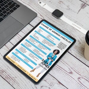 May include: A checklist for changing your address with a blue and white color scheme. The checklist includes categories for utility companies, government organizations, financial institutions, insurance companies, subscription services, health services, and other. The checklist also includes a section for important information to update. The checklist is titled "Change of Address Checklist" and includes the name "Sara Jones" and a phone number.