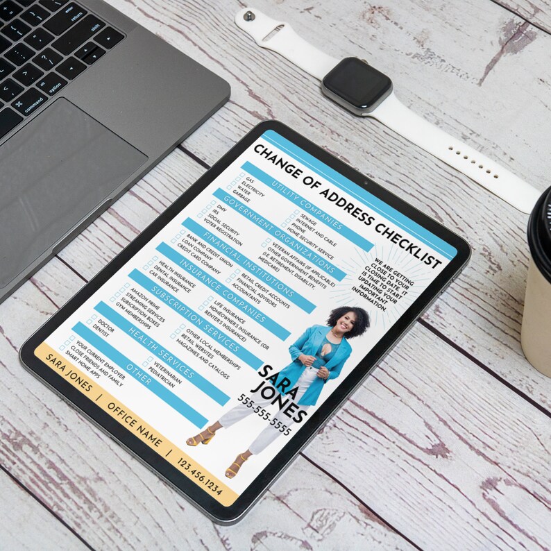 May include: A checklist for changing your address with a blue and white color scheme. The checklist includes categories for utility companies, government organizations, financial institutions, insurance companies, subscription services, health services, and other. The checklist also includes a section for important information to update. The checklist is titled "Change of Address Checklist" and includes the name "Sara Jones" and a phone number.