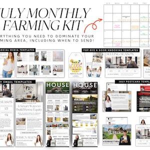 May include: A July monthly farming kit for real estate agents includes social media templates, email templates, postcard templates, and door knocking templates. The kit features a calendar with dates and tasks, and includes the text "Have a Cool Summer" and "Selling Season".