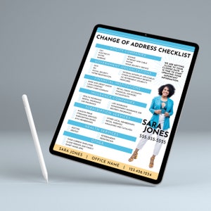 May include: A checklist for updating your address with various companies and organizations. The checklist includes categories such as utility companies, government organizations, financial institutions, insurance companies, subscription services, health services, and other services. The checklist is on a tablet with a white stylus next to it. The image also includes a woman with a name tag that says "Sara Jones" and a phone number.