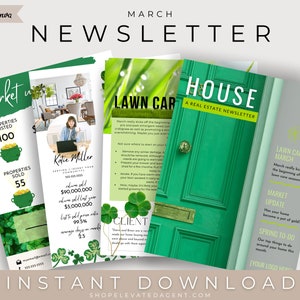 May include: A green and white real estate newsletter template with the text "MARCH NEWSLETTER" at the top. The newsletter includes information about the real estate market, lawn care, and a spring to-do list. The template features a green shamrock design.