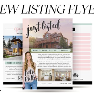 Puede incluir: Un folleto de bienes raíces con el título "NEW LISTING FLYER". El folleto presenta una casa con las palabras "just listed" y detalles: 4 dormitorios, 3 baños, 302.3 m², y $450,000. El folleto también incluye el nombre "Katie Miller".