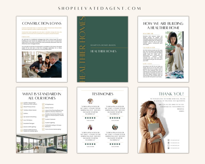 May include: A brochure for a home builder, Hampton Homes, that focuses on building healthier homes. The brochure includes information about construction loans, standard features in their homes, testimonials, and how they are building healthier homes. The brochure has a green and gold color scheme.