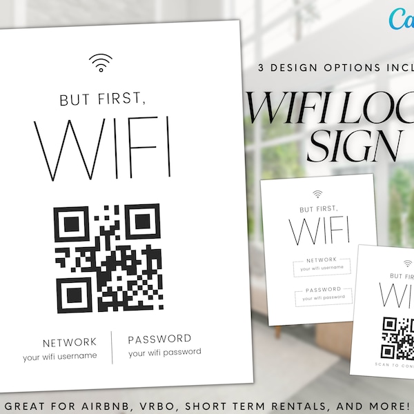 QR Wifi Sign, WiFi Password Sign, Editable WiFi Sign Template, Canva WiFi Password, Airbnb Template, VRBO Template, Airbnb Sign, VRBO Sign