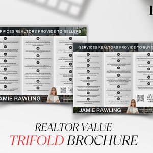 Pode incluir: Um folheto tri-dobrável que anuncia serviços imobiliários. O folheto é branco com texto preto e uma foto de uma mulher. O texto no folheto diz "Serviços que os corretores de imóveis oferecem aos vendedores" e "Serviços que os corretores de imóveis oferecem aos compradores". O folheto também inclui um código QR com o texto "Digitalize o código QR para saber mais sobre mim".