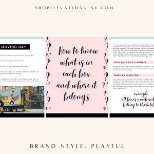 May include: A pink and white checklist with the text "How to know what is in each box and where it belongs" and a question mark graphic. The checklist includes tips for moving day, such as giving each box a number and making an inventory. The text "example: all boxes numbered 100 belong to the kitchen" is included.