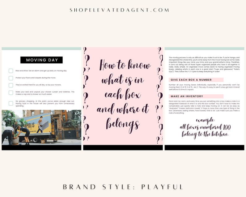 May include: A pink and white checklist with the text "How to know what is in each box and where it belongs" and a question mark graphic. The checklist includes tips for moving day, such as giving each box a number and making an inventory. The text "example: all boxes numbered 100 belong to the kitchen" is included.