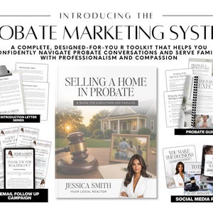 Puede incluir: Un kit de sistema de marketing sucesorio que incluye una guía central titulada Selling a Home in Probate, una serie de cartas de presentación, una campaña de correo electrónico, una guía sucesoria y publicaciones en redes sociales, bajo el nombre de Jessica Smith.