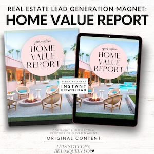 May include: A digital marketing lead generation magnet for real estate agents. The image shows a mock-up of a home value report with a pink and white colour scheme. The report is titled "Your Custom Home Value Report" and features a photo of a modern home with a pool and patio. The text "Instant Download" is also visible on the report.