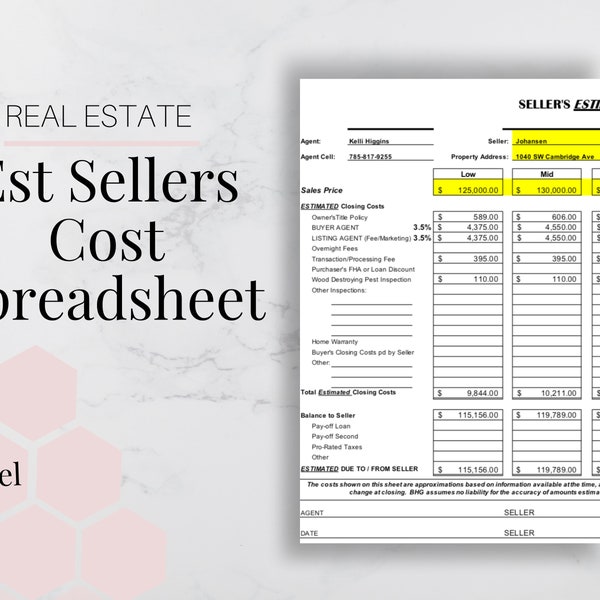 Home Seller Closing Cost Spreadsheet Real Estate Excel Spreadsheet Seller Net Sheet Closing Cost Calculator Realtor Budget Spreadsheet