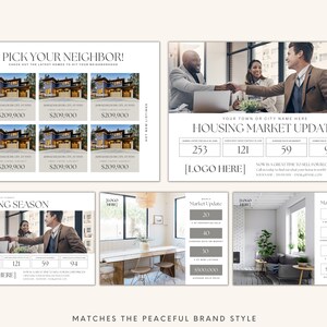 K&ouml;nnte beinhalten: Eine Immobilien-Marketingvorlage mit beigefarbenem Hintergrund und minimalistischem Design. Die Vorlage zeigt Bilder von H&auml;usern, ein Diagramm und Text mit der Aufschrift "W&auml;hlen Sie Ihren Nachbarn!" und "Update des Immobilienmarktes".