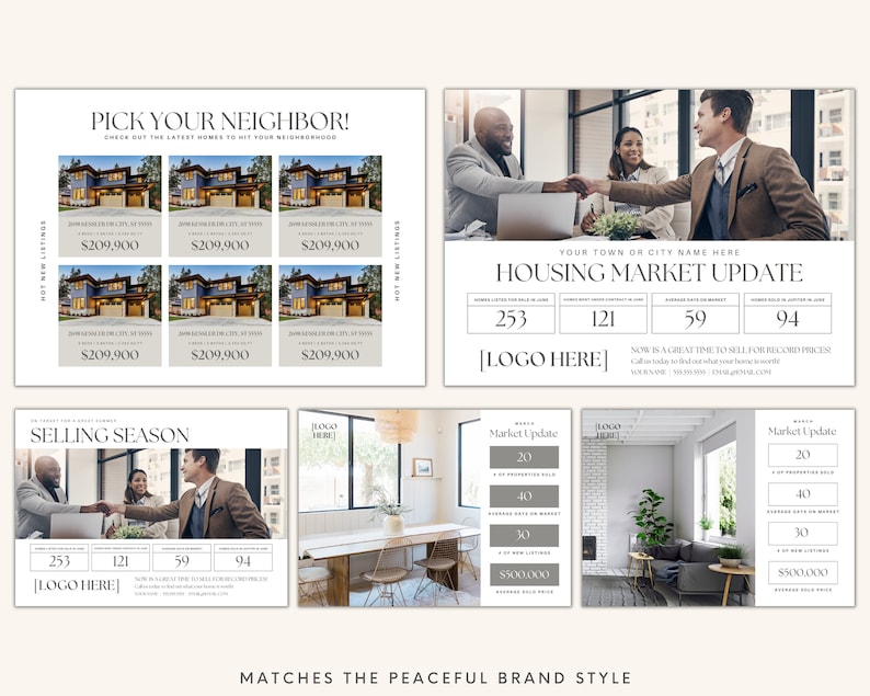 K&ouml;nnte beinhalten: Eine Immobilien-Marketingvorlage mit beigefarbenem Hintergrund und minimalistischem Design. Die Vorlage zeigt Bilder von H&auml;usern, ein Diagramm und Text mit der Aufschrift "W&auml;hlen Sie Ihren Nachbarn!" und "Update des Immobilienmarktes".