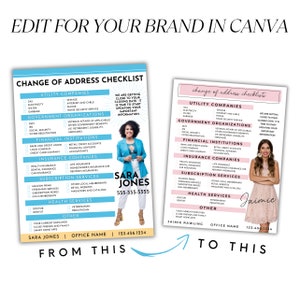 May include: A pink and blue checklist for updating your address information. The checklist includes categories for utility companies, government organizations, financial institutions, insurance companies, subscription services, health services, and other. The checklist is designed to be edited in Canva. The text "From This" and "To This" is included in the image.
