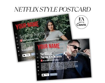 Ansichtkaartsjabloon makelaar, Netflix-stijl (canva)