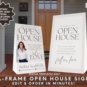 May include: An A-frame open house sign template with a white background and black text. The sign reads "Welcome to the Open House" and features a photo of a woman with the text "Fall in Love". The sign also includes the realtor's name, email address, and phone number.