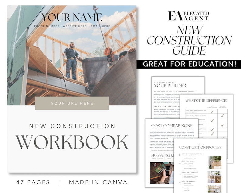 May include: A workbook titled "New Construction Workbook" with a photo of a construction worker on a building. The workbook is 47 pages and was made in Canva. The text "Elevated Agent" and "New Construction Guide" is also visible. The workbook is designed to help people learn about the new construction process.