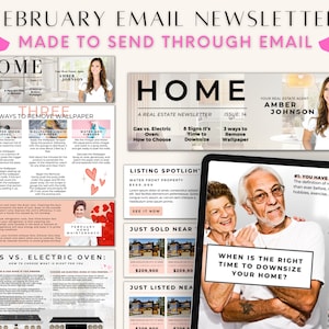 May include: A real estate newsletter with the title "Home" and the subheading "A Real Estate Newsletter, Issue 14". The newsletter features articles on how to remove wallpaper, gas vs. electric ovens, and signs it's time to downsize your home. The newsletter also includes a listing spotlight for a waterfront property and a just sold near section.