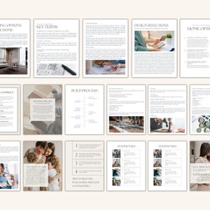May include: A guide to building a home with a focus on selecting options, key terms, design selections, home options, building process, testimonials, and final thoughts. The guide includes images of a home interior, a blueprint, a person working on a computer, a person working on a table, and a person working on a wall.
