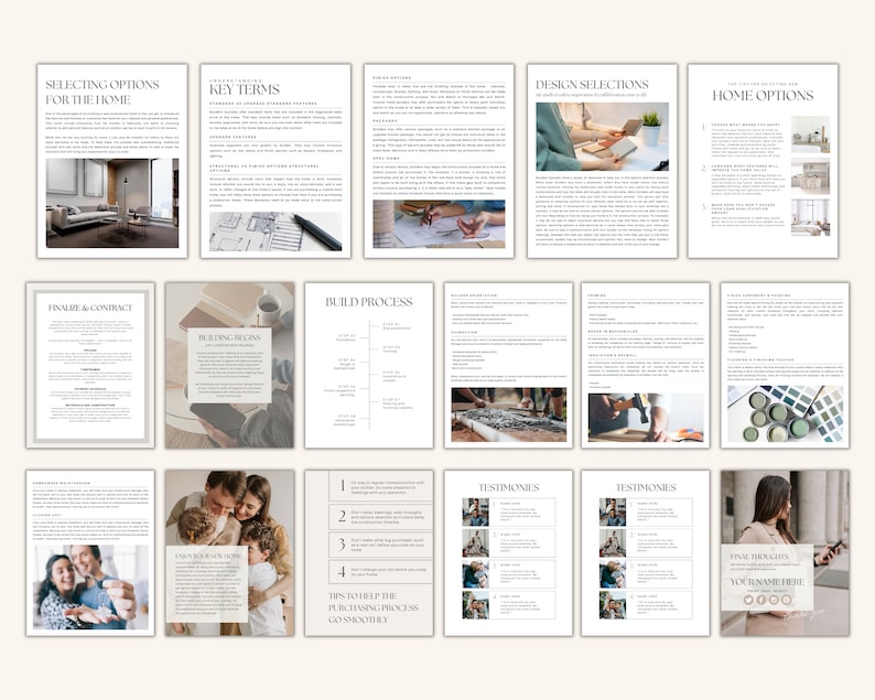 May include: A guide to building a home with a focus on selecting options, key terms, design selections, home options, building process, testimonials, and final thoughts. The guide includes images of a home interior, a blueprint, a person working on a computer, a person working on a table, and a person working on a wall.