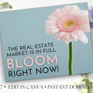 Cartolina di benvenuto primaverile immobiliare, cartolina di primavera per agente immobiliare, cartolina per agente immobiliare agricolo, marketing immobiliare, modificabile, Canva, download immediato