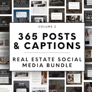 May include: A collage of images showcasing a real estate social media bundle with 365 posts and captions. The images feature various real estate themes, including home staging, open houses, and new construction.