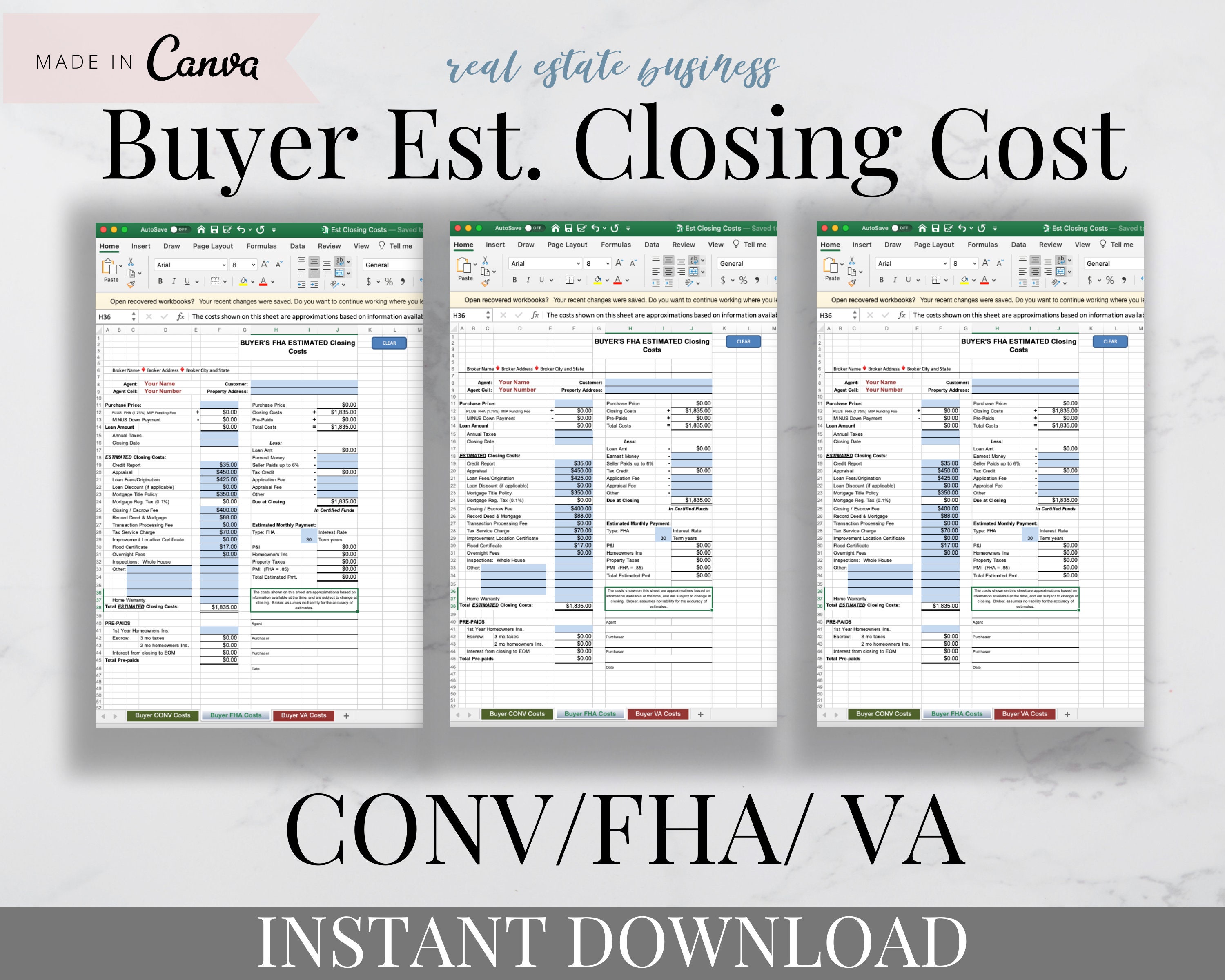 Buyers Estimated Closing Cost-realtor Cost Real Estate - Etsy