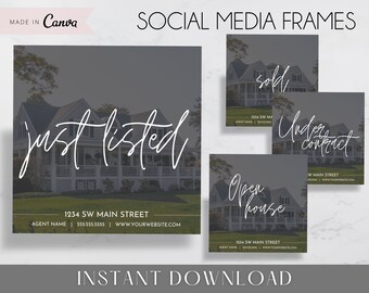 Real Estate Social Media Frames, Just Listed, Canva Template (Digital Download)