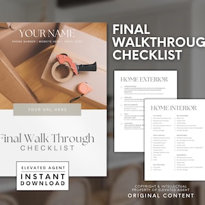 May include: A white checklist with the title "Final Walkthrough Checklist" and the text "Home Exterior" and "Home Interior" with checkboxes. The checklist is on a wooden surface with packing tape and boxes.