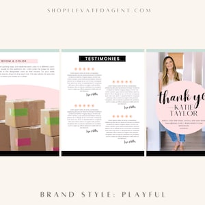 May include: A pink and white graphic with the text "Give Each Room a Color" and a stack of brown cardboard boxes with colorful tape. The graphic also includes the text "Thank You! - Katie Taylor" with contact information. The brand style is playful.