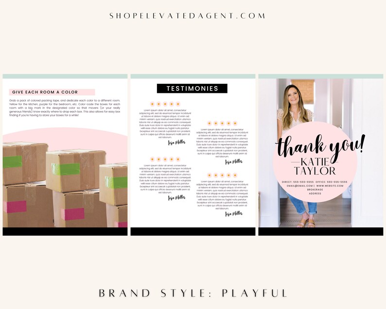 May include: A pink and white graphic with the text "Give Each Room a Color" and a stack of brown cardboard boxes with colorful tape. The graphic also includes the text "Thank You! - Katie Taylor" with contact information. The brand style is playful.