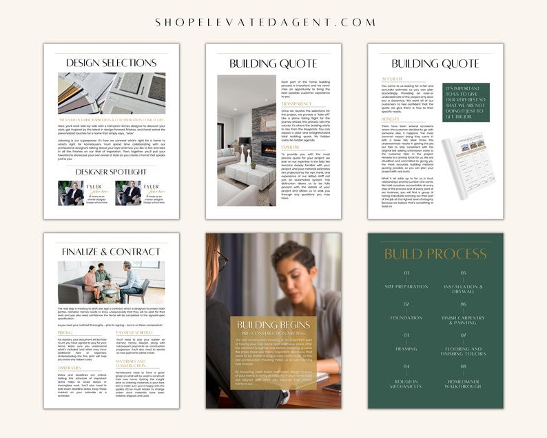 May include: A collage of images showcasing the process of building a custom home. The images include a living room with a fireplace, a woman working on a laptop, and a green board with the steps of the building process.