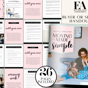 May include: A pink and green checklist titled "Moving Made Simple" with a checklist for each week leading up to a move. The checklist includes tasks such as organizing, donating, and packing. The checklist is designed for buyers or sellers and includes 26 pages.
