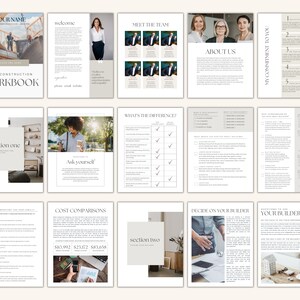 May include: A workbook for new construction projects with sections on meeting the team, cost comparisons, and deciding on a builder. The workbook includes a welcome message, a section on "What's the Difference?" and a section on "Ask Yourself".