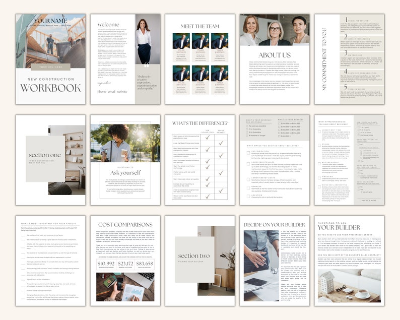May include: A workbook for new construction projects with sections on meeting the team, cost comparisons, and deciding on a builder. The workbook includes a welcome message, a section on "What's the Difference?" and a section on "Ask Yourself".
