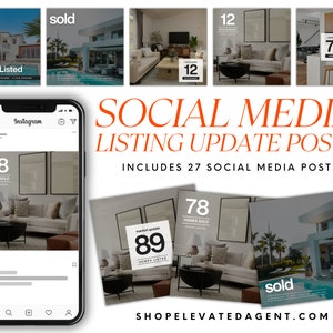 Könnte beinhalten: Eine Sammlung von Social-Media-Posts für Immobilienmakler. Die Posts zeigen Bilder von Häusern mit Textüberlagerungen, die "Just Listed", "Sold" und "78 Homes Sold" sagen. Die Posts sollen Maklern helfen, ihre Angebote zu bewerben und ihre Marke aufzubauen.