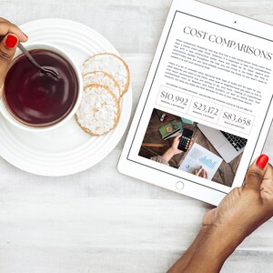 May include: A person is looking at cost comparisons for home renovations on a tablet. The tablet shows the average costs to remodel a bathroom, remodel a kitchen, and build an addition. The costs are &pound;10,992, &pound;23,172, and &pound;83,658 respectively.