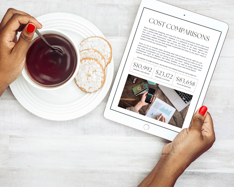 May include: A person is looking at cost comparisons for home renovations on a tablet. The tablet shows the average costs to remodel a bathroom, remodel a kitchen, and build an addition. The costs are &pound;10,992, &pound;23,172, and &pound;83,658 respectively.