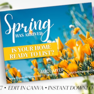 Cartão postal Hello Spring de imóveis, cartão de primavera de corretor de imóveis, cartão de agricultura de corretor de imóveis, marketing imobiliário, editável, Canva, download instantâneo