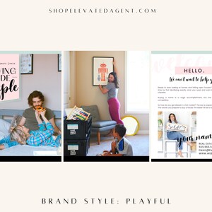May include: A collage of three images promoting real estate services. The first image shows a couple relaxing on a bed, the second image shows a woman hanging a picture on a wall, and the third image shows a woman holding a "Sold" sign. The text "HELLO. We can't wait to help you!" is featured in the third image. The text "MOVING MADE Simple" is featured in the first image. The text "SHOP ELEVATED AGENT.COM" is featured at the top of the collage.