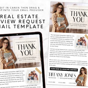 May include: A thank you email template for real estate agents. The template features a photo of a woman with the text "From the bottom of my heart... Thank You for trusting me throughout your home transaction." The template also includes a call to action to leave a review.