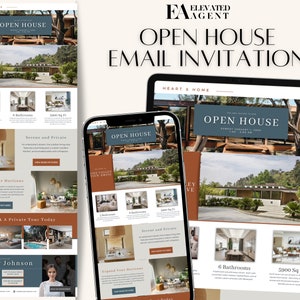 May include: A website screenshot showing an open house invitation for a modern home with 5 bedrooms, 6 bathrooms, and 5,900 square feet of living space. The home is located at 1535 Valley View Drive. The website is designed in a minimalist style with a brown and white color scheme.