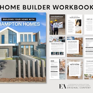 Può includere: Un quaderno di lavoro intitolato "Home Builder Workbook" con le parole "Building Your Home With Hampton Homes" sulla copertina. La copertina presenta una foto di una casa moderna a due piani con un esterno in mattoni grigi e una recinzione in legno. Il quaderno di lavoro è diviso in sezioni con titoli come "Custom Build Process", "Design Selections", "Building Begins", "Visit Us", "Construction Loans" e "Build Your New Home".