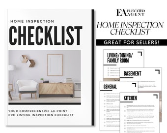 May include: A home inspection checklist with the title "CHECKLIST" in large, bold letters. The checklist includes sections for the living/dining/family room, basement, general, and kitchen. The text "GREAT FOR SELLERS!" is also visible.
