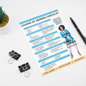May include: A blue and white checklist with the title "Change of Address Checklist" and a list of categories for updating your address, including utility companies, government organizations, financial institutions, insurance companies, subscription services, health services, and other. The checklist also includes a photo of a woman with the name "Sara Jones" and a phone number.